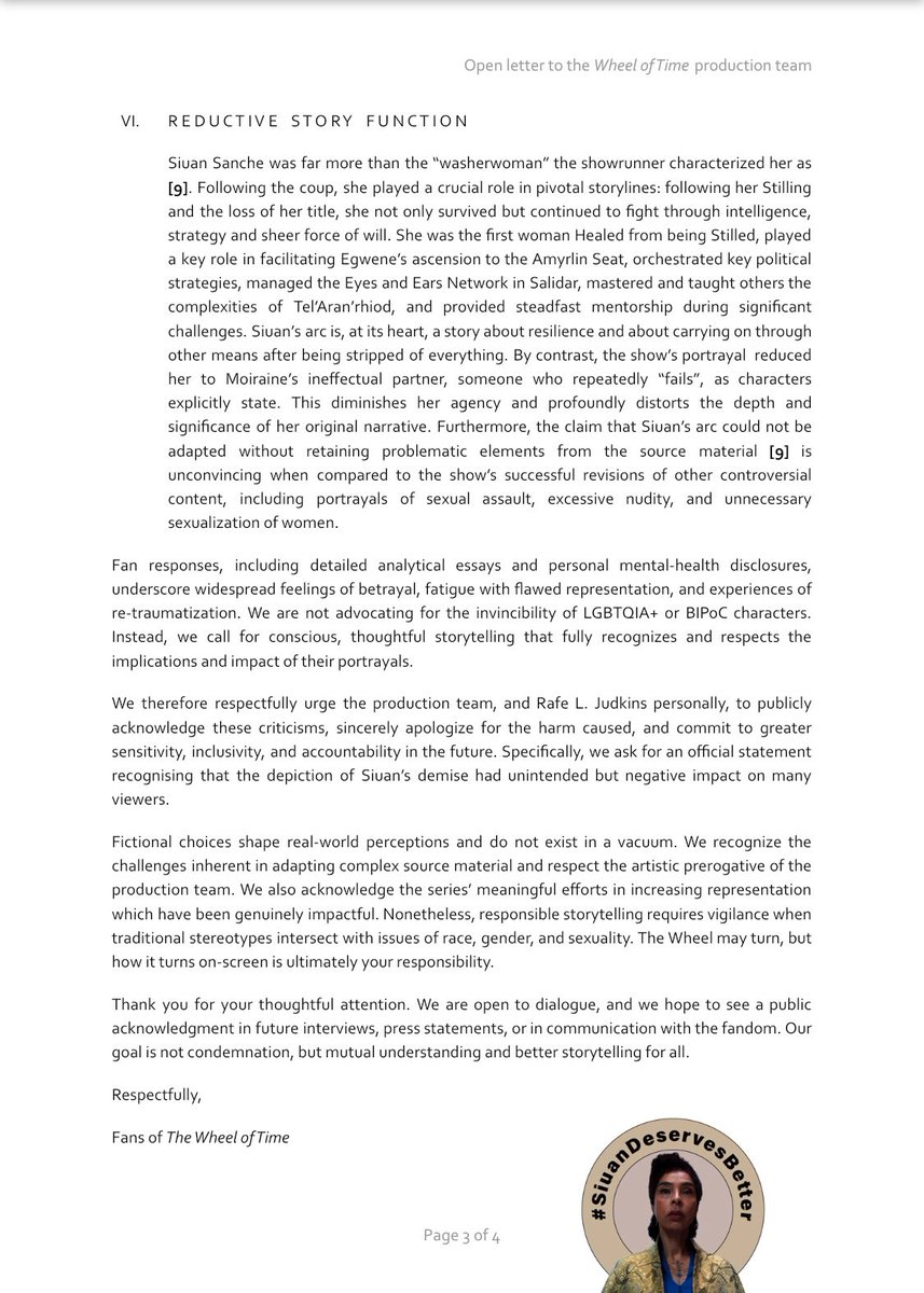 biancafelician's tweet photo. Read our Open Letter to 
@rafejudkins
 
@TheWheelOfTime 
 
@PrimeVideo 
 
@AmazonMGMStudio 
 
@SonyPictures 

@primevideo

#TheWheelOfTime #SiuanDeservesBetter #SiuanSanche #WoTonPrime #TwitterOfTime 

Link to the letter in the comments. 
Retweets appreciated. https://t.co/plGimajkvv