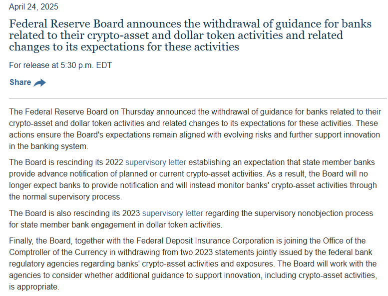 🦆"La Fed semplifica l'accesso delle banche agli asset crittografici: nuove regole per la supervisione"