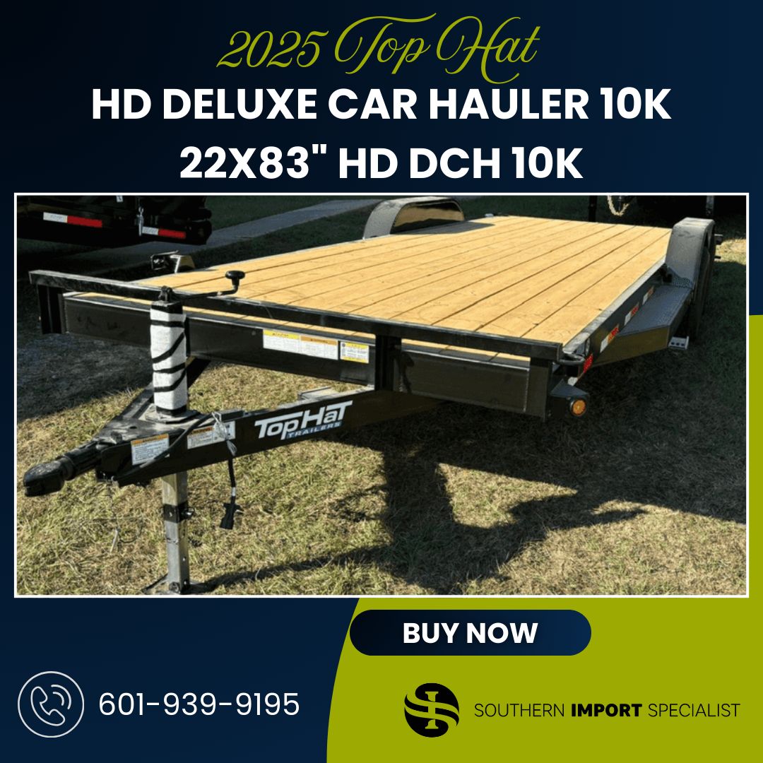 southernImport's tweet image. 🚛2025 Top Hat Hd Deluxe Car Hauler 10K 22x83" HD DCH 10K  #trailerdeals #carhauler #utilitytrailer

⚙️Electric 4-wheel brakes
🔋Breakaway unit w/ charger
🛞Rear slide-n-ramps &amp;amp; 2' dovetail

💰Financing and rent-to-own options available

📞601-939-9195 | 🔗buff.ly/FHCgWD2