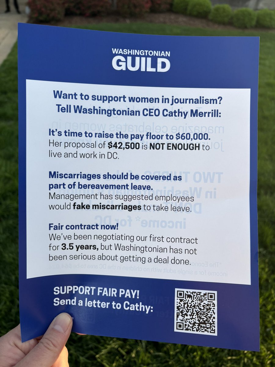 WashGuild's tweet image. While @washingtonian celebrated women in journalism at a fancy party tonight, the magazine’s staff was once again outside the event fighting for living wages!