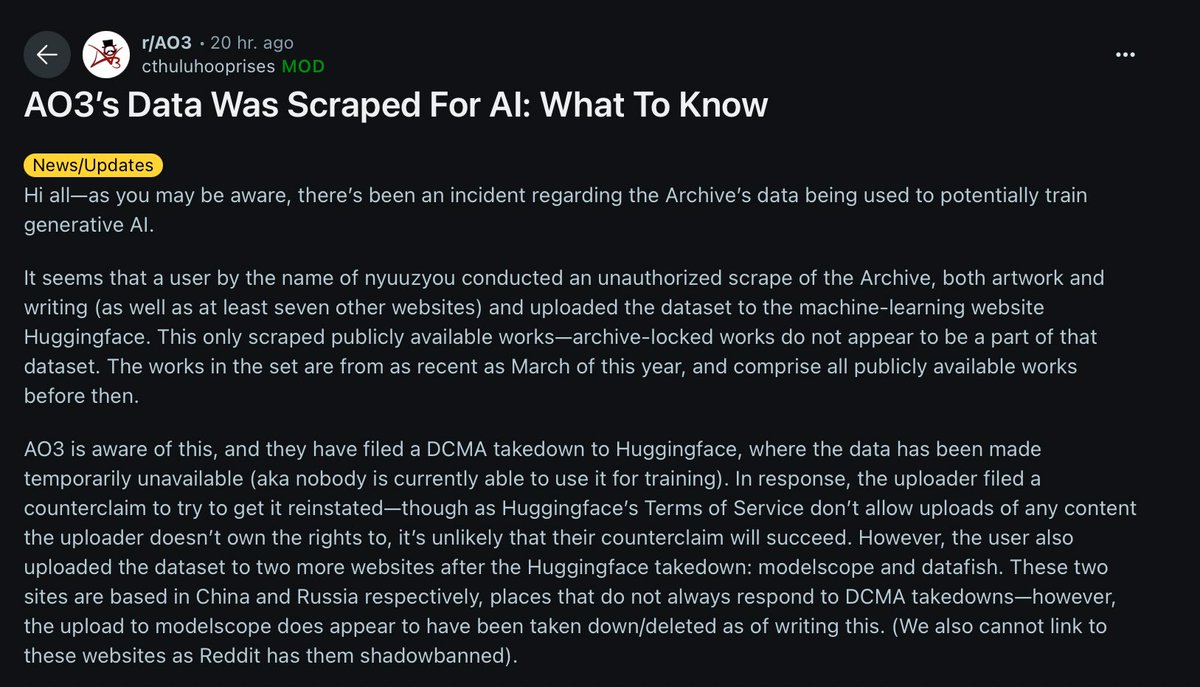 vminkai's tweet image. what the actual fuck. if you're an ao3 author &amp;amp; don't want your fics to be scraped for AI, i suggest locking your account immediately until this gets sorted out. the audacity of AI bros thinking content on public domain is free use. it is absolutely the fuck not.
