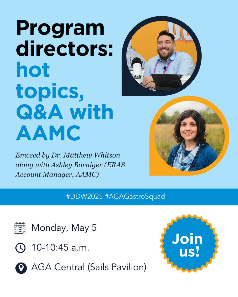 American Gastroenterological Association (AGA) (@amergastroassn) on Twitter photo Are you a #GI program director? Don't miss this session on hot π₯ topics with <a href="/AAMCtoday/">AAMC</a> at #DDW2025.
π Signalling updates
π DDSEP+ preview
π Meet other PDs, like <a href="/MJWhitsonMD/">Matthew Whitson MD MSEd</a> <a href="/kia_leila/">Leila Kia</a> <a href="/CulpepperJoan/">Joan Culpepper</a> + others!
π
Monday, May 5, 10 a.m.
π AGA Central (Sails Pavilion) Are you a #GI program director? Don't miss this session on hot π₯ topics with <a href="/AAMCtoday/">AAMC</a> at #DDW2025.
π Signalling updates
π DDSEP+ preview
π Meet other PDs, like <a href="/MJWhitsonMD/">Matthew Whitson MD MSEd</a> <a href="/kia_leila/">Leila Kia</a> <a href="/CulpepperJoan/">Joan Culpepper</a> + others!
π
Monday, May 5, 10 a.m.
π AGA Central (Sails Pavilion)