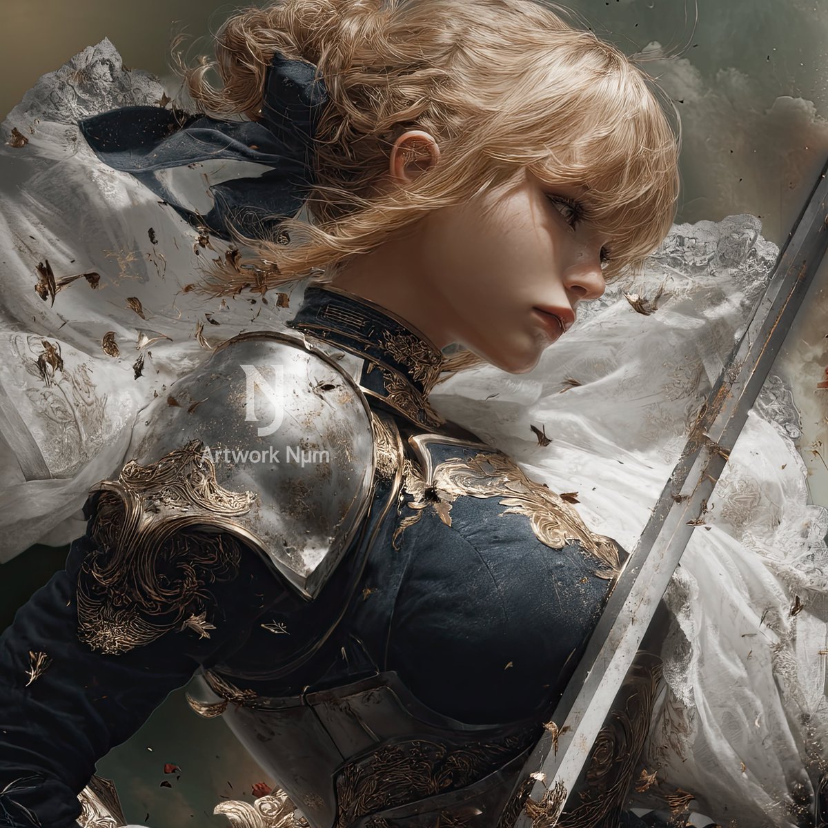 Nummirage's tweet photo. A golden knight with unwavering resolve.
Inspired by classic fantasy warriors ⚔️✨

Full version on DeviantArt → [https://t.co/qKOI45OKz3]

#AIart #DigitalPainting #FemaleKnight #DeviantArt
#SaberInspired #AIillustration https://t.co/sq4vFsfEQx
