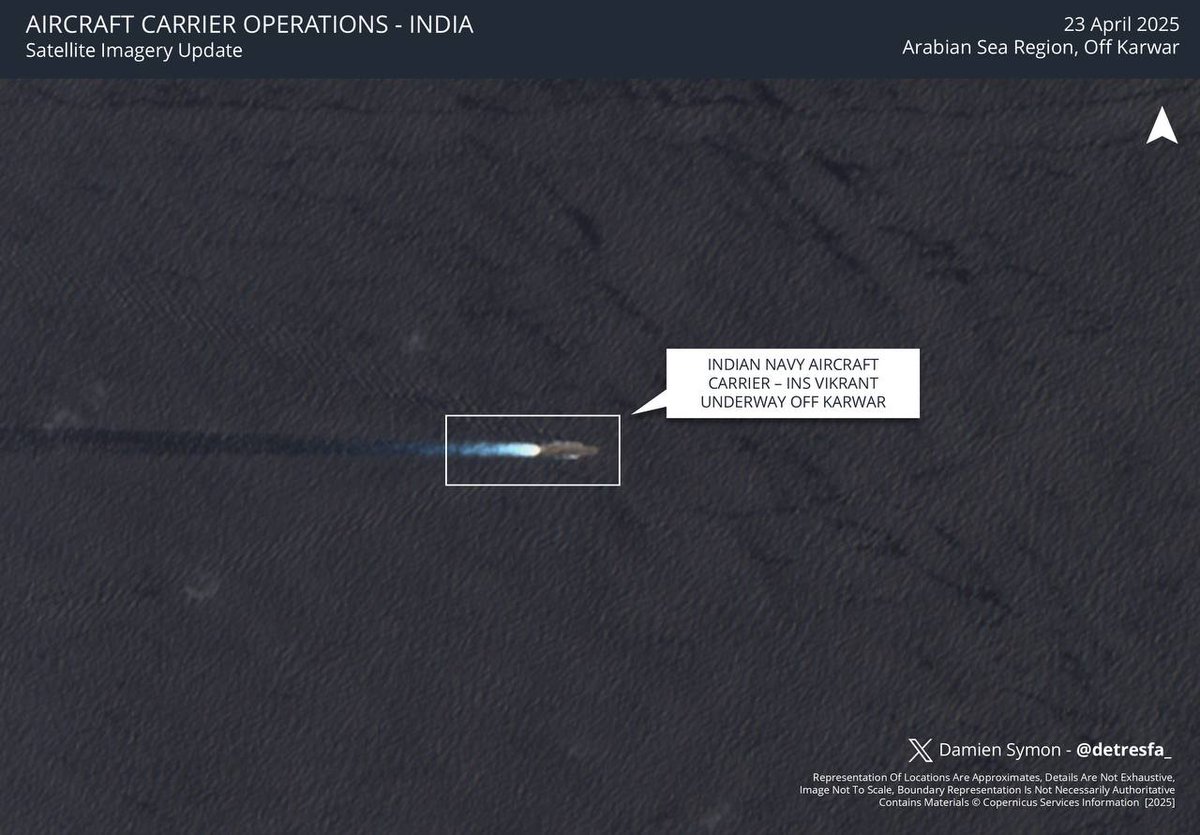 Donpatoinfowars's tweet image. En el día de ayer, imágenes satelitales captaron al #portaviones indio INS #Vikrant navegando en aguas del mar Arábigo cerca de las costas de la ciudad de #Karwar (#India), donde se encuentra su puerto base.