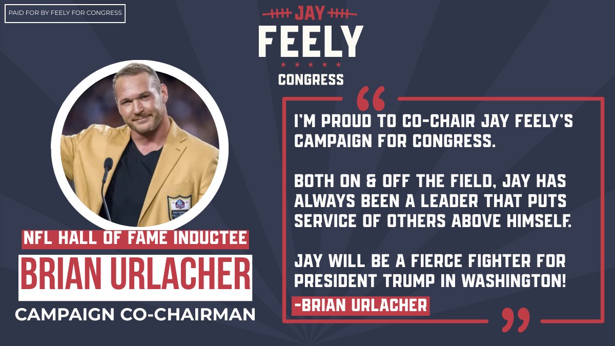 Jay Feely (@jayfeely) on Twitter photo I’m honored to have NFL Hall of Famer <a href="/BUrlacher54/">Brian Urlacher</a> Co-Chair my campaign for congress.
Brian and I are great friends, golf buddies and fellow patriots
Together, we will ensure America First conservative representation continues in the East Valley 🇺🇸
JayFeelyForCongress.com I’m honored to have NFL Hall of Famer <a href="/BUrlacher54/">Brian Urlacher</a> Co-Chair my campaign for congress.
Brian and I are great friends, golf buddies and fellow patriots
Together, we will ensure America First conservative representation continues in the East Valley 🇺🇸
JayFeelyForCongress.com
