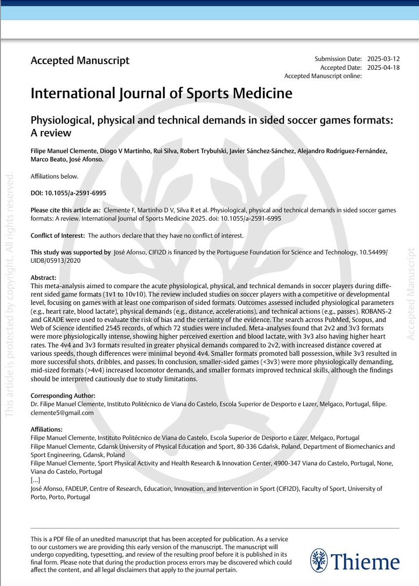 🆕"This meta-analysis aimed to compare the acute physiological, physical, and technical demands in soccer players during different-sided game formats (1vs1 to 10vs10) ⚽️" 
👉 <a href="/Clemente_FM/">Filipe M. Clemente</a> <a href="/MarcoBeato1/">Dr Marco Beato</a> et al 2025 🇵🇹
📂Open Access: researchgate.net/publication/39…