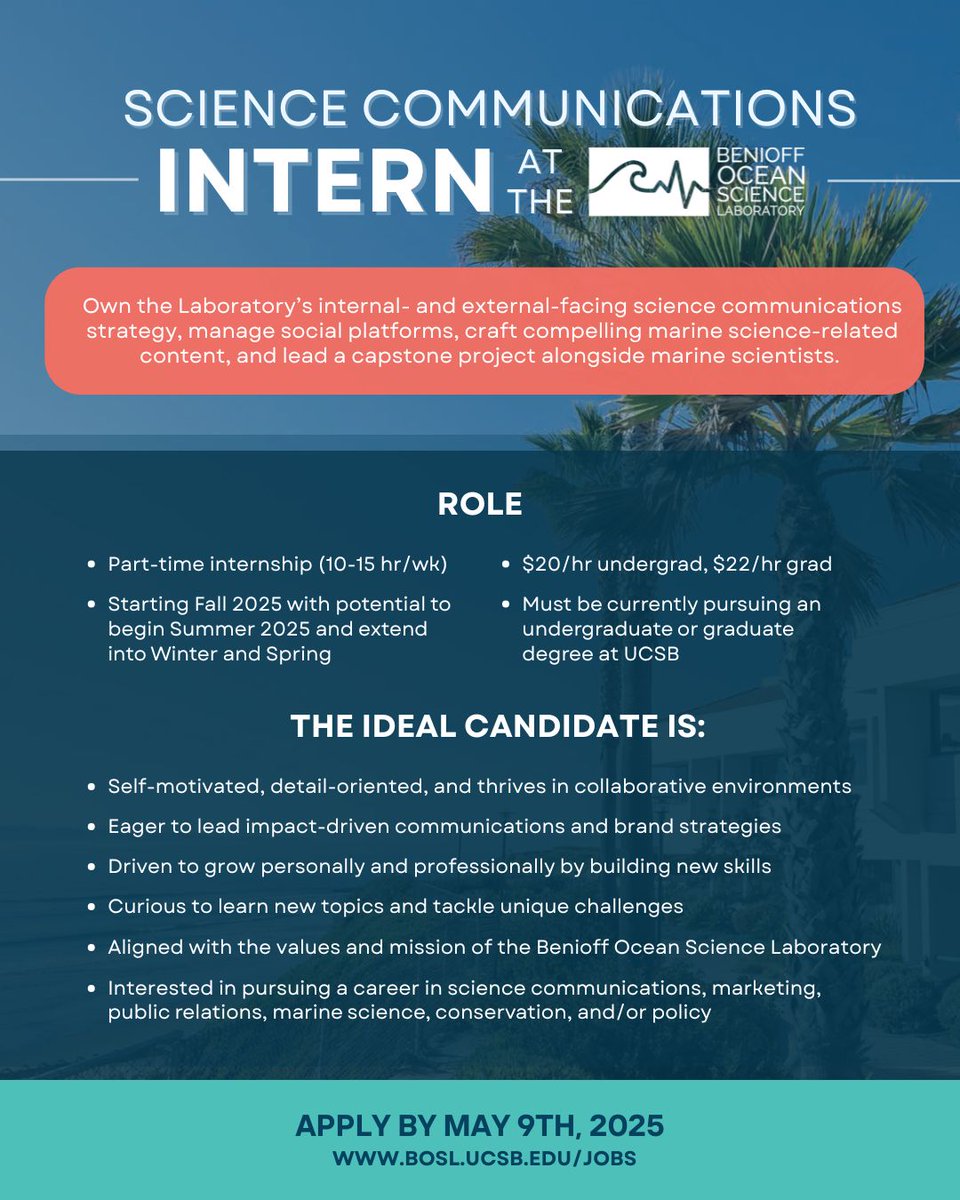 Are you a UCSB student with a love for the ocean and a knack storytelling? 🌊

The Benioff Ocean Science Laboratory is seeking a Science Communications Intern to support storytelling and outreach around key ocean issues &amp; solutions! 

Apply by May 9th!
🔗 bosl.ucsb.edu/jobs