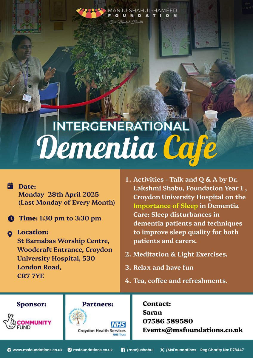 CllrDrManjuShahul (@manjushahul) on Twitter photo Join us at our Intergenerational Dementia Cafe by <a href="/MSHFoundations/">MSH Foundations</a> . We are back on Monday 28th April 2025 at Croydon University Hospital
<a href="/croydonhealth/">Croydon Health Services NHS Trust</a> from 1:30 pm to 3:30 pm. This month, we are featuring a special Talk & Q&A by Dr. Lakshmi Shabu on the Importance of Sleep in Join us at our Intergenerational Dementia Cafe by <a href="/MSHFoundations/">MSH Foundations</a> . We are back on Monday 28th April 2025 at Croydon University Hospital
<a href="/croydonhealth/">Croydon Health Services NHS Trust</a> from 1:30 pm to 3:30 pm. This month, we are featuring a special Talk & Q&A by Dr. Lakshmi Shabu on the Importance of Sleep in