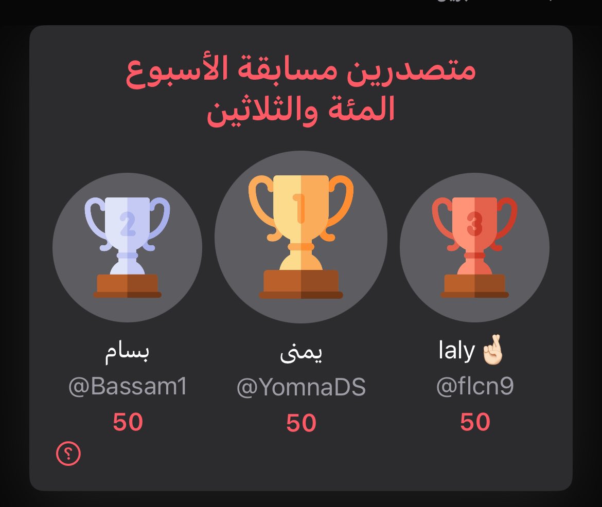 مبروك لفائزين الأسبوع المئة والثلاثين، تم تسليمهم الجوائز، وحظ أوفر للبقية🥳، ولا تنسون اليوم الجمعة الساعة ١:٠٠ م بعد صلاة الجمعة هناك مسابقة الأسبوع المئة والواحد والثلاثين، وموفقين يا فالحين🤩.