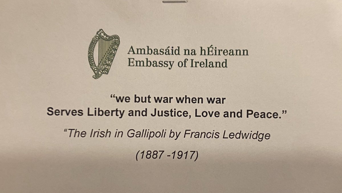 Sarah McGrath, Ambassador of Ireland (@ieambsingapore) on Twitter photo The words of Francis Ledwidge on the wreath I laid on behalf of <a href="/IrlEmbSingapore/">Embassy of Ireland Singapore</a> at today’s ANZAC Dawn Service.
A poet, nationalist and trade unionist who joined the Royal Inniskilling Fusiliers, he exemplifies some of the complexity of Ireland involvement in World War I. The words of Francis Ledwidge on the wreath I laid on behalf of <a href="/IrlEmbSingapore/">Embassy of Ireland Singapore</a> at today’s ANZAC Dawn Service.
A poet, nationalist and trade unionist who joined the Royal Inniskilling Fusiliers, he exemplifies some of the complexity of Ireland involvement in World War I.