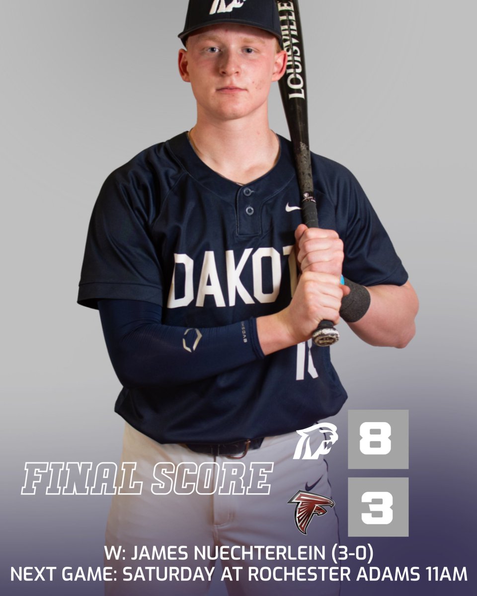 Dakota Baseball (@dakotabaseball) on Twitter photo Cougars Win 10 Innings 8-3
Pitching
<a href="/DemasseLuke/">Luke DeMasse</a> 7INN 8Kβs
<a href="/JamesNuech4/">James Nuechterlein</a> W 3INN 3Kβs
Offense
<a href="/BraylonRyan2/">Braylon Ryan</a> 2-6 2B RBI
<a href="/EvanMorrison_/">Evan Morrison β</a> 4-6 2-2B RBI
<a href="/EKavalick/">Evan Kavalick</a> 2-4
<a href="/gavin_goike/">Gavin Goike</a> 2-4
Cougars move to 11-3 and 5-1 in the MAC Red
Next game DH on Saturday at Rochester Adamβs
#GoCougs Cougars Win 10 Innings 8-3
Pitching
<a href="/DemasseLuke/">Luke DeMasse</a> 7INN 8Kβs
<a href="/JamesNuech4/">James Nuechterlein</a> W 3INN 3Kβs
Offense
<a href="/BraylonRyan2/">Braylon Ryan</a> 2-6 2B RBI
<a href="/EvanMorrison_/">Evan Morrison β</a> 4-6 2-2B RBI
<a href="/EKavalick/">Evan Kavalick</a> 2-4
<a href="/gavin_goike/">Gavin Goike</a> 2-4
Cougars move to 11-3 and 5-1 in the MAC Red
Next game DH on Saturday at Rochester Adamβs
#GoCougs