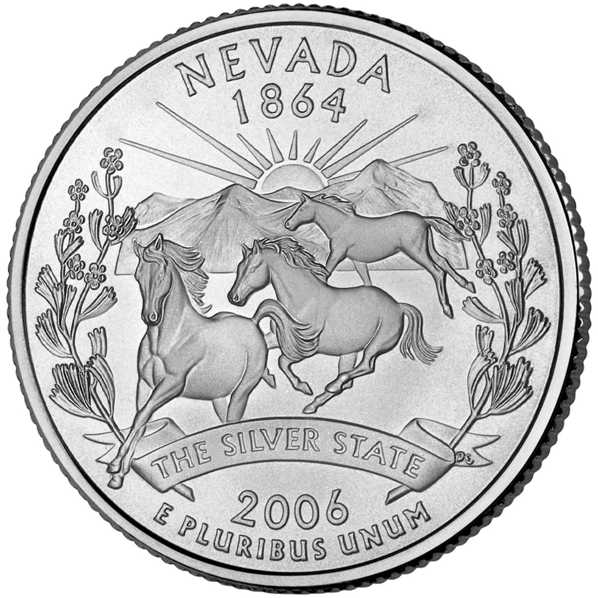 USAO_NV's tweet image. Nevada's quarter shows a trio of wild mustangs, snow capped mountains, the sun, &amp;amp; the sagebrush, Nevada’s state flower. "The Silver State" coin was released in 2006 &amp;amp; is the 36th in the @usmint's 50 State Quarters Program. 

#NationalCoinWeek