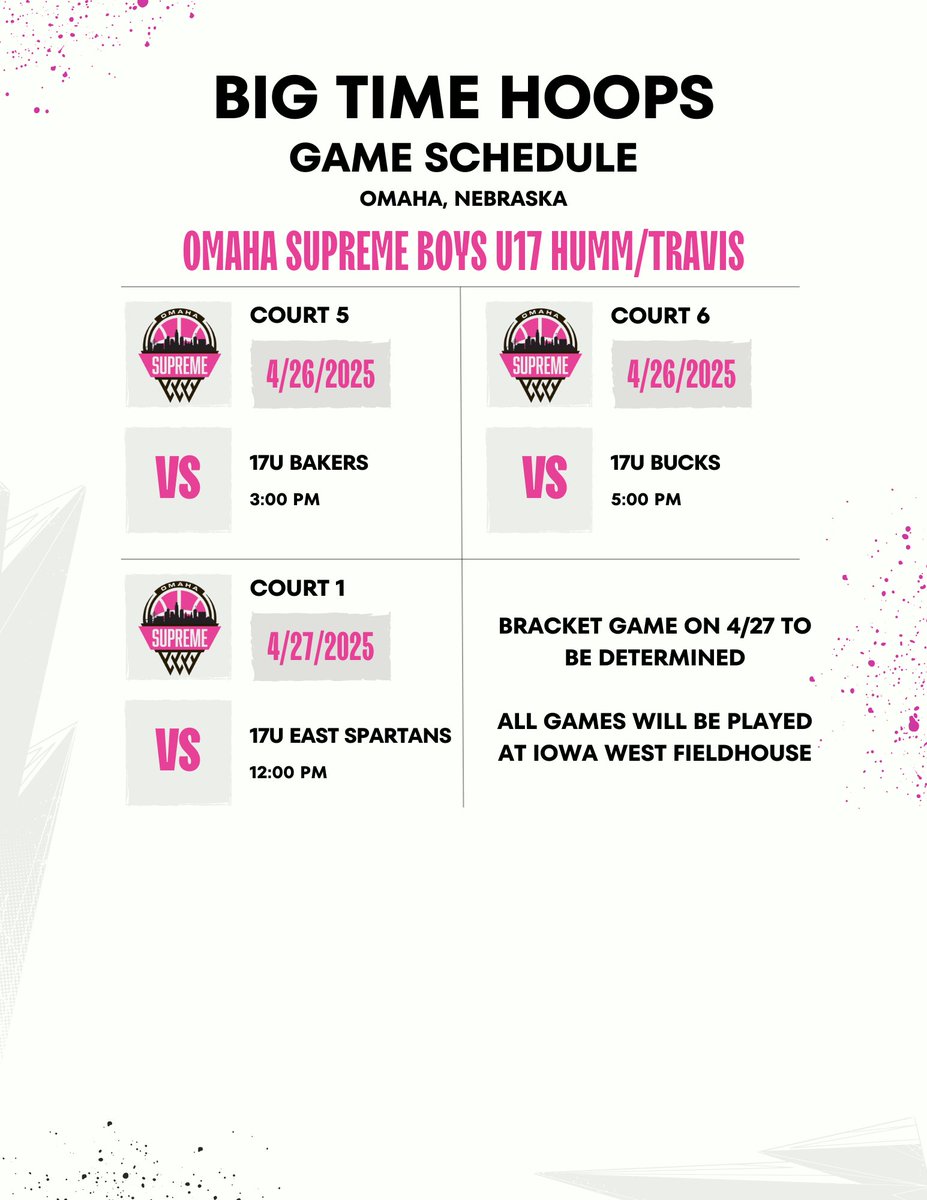 omaha_supreme's tweet photo. We are happy to announce our Boys U17 Humm/Travis team is going to be playing this weekend at Big Time Hoops in Omaha/Council Bluffs! Their schedule is below. https://t.co/XmdDYAZoDD