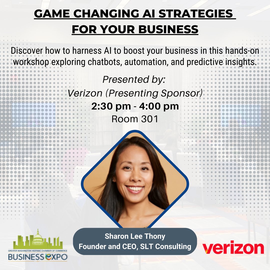 GWHCC's tweet image. 📢 FREE workshops at the #GWHCC Business Expo!
📅 Apr 29 | 🕐 1–4PM | 📍Walter E. Washington Convention Center

💡 AI Strategies (Verizon)
📋 Doing Biz w/ Events DC
🛂 Immigration Tips
💬 Expert Panel

Register ➡️ gwhcc.org/business-expo
#DCBiz #SmallBizSupport #GWHCCBizExpo