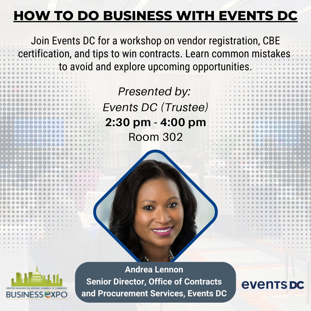 GWHCC's tweet image. 📢 FREE workshops at the #GWHCC Business Expo!
📅 Apr 29 | 🕐 1–4PM | 📍Walter E. Washington Convention Center

💡 AI Strategies (Verizon)
📋 Doing Biz w/ Events DC
🛂 Immigration Tips
💬 Expert Panel

Register ➡️ gwhcc.org/business-expo
#DCBiz #SmallBizSupport #GWHCCBizExpo