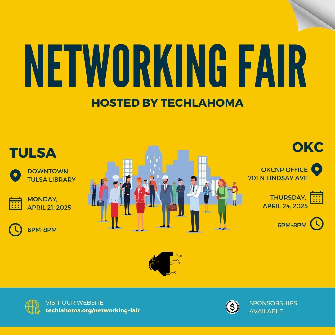 techlahoma's tweet image. 📸 So many great convos happening right now at the OKC Networking Fair.
If you’re here, tag your pics with #Techlahoma and show us your favorite moment!
⏰ Live until 8 PM
📍 OKCNP Office
🔗 techlahoma.org/networking-fair