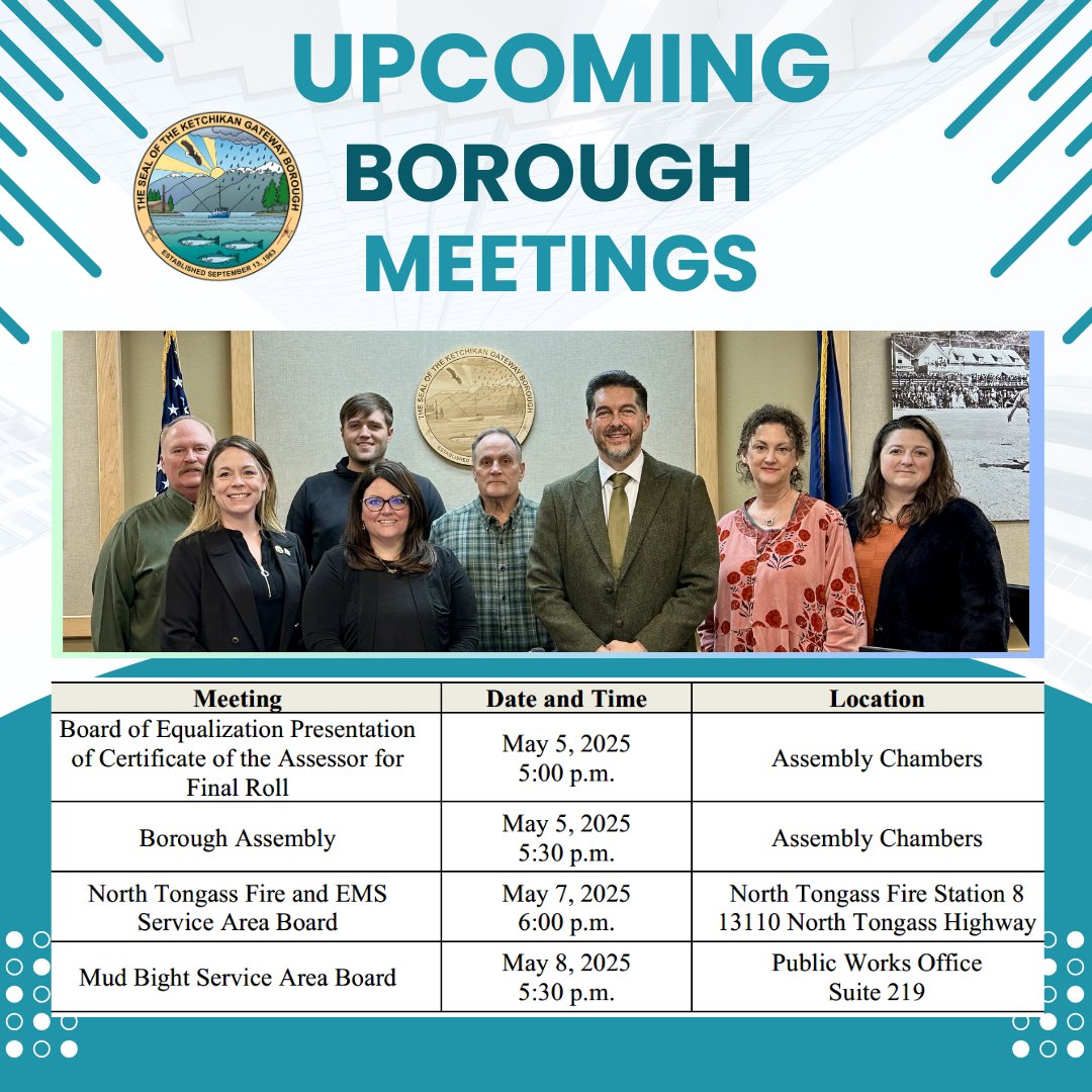 Stay informed about upcoming Borough meetings! Unless stated otherwise, public meetings take place at the White Cliff Building, 1900 First Ave.  For details on how to participate, contact the Borough Clerk’s Office at (907) 228-6605 or email boroclerk@kgbak.us.