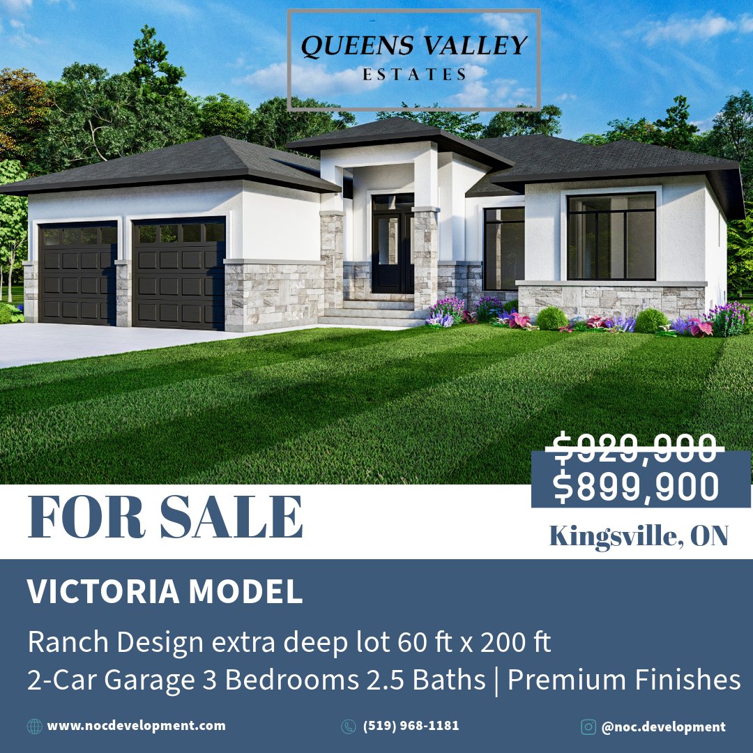 NOCDevelopment's tweet image. Victoria Model | $899,900
Set on a 60 ft × 200 ft extra deep lot in Kingsville, this premium ranch-style home offers 3 bedrooms, 2.5 baths, and a 2-car garage.
Now offered at $899,900.
Learn more at nocdevelopment.com or call (519) 968-1181.
#LuxuryLiving #KingsvilleHomes