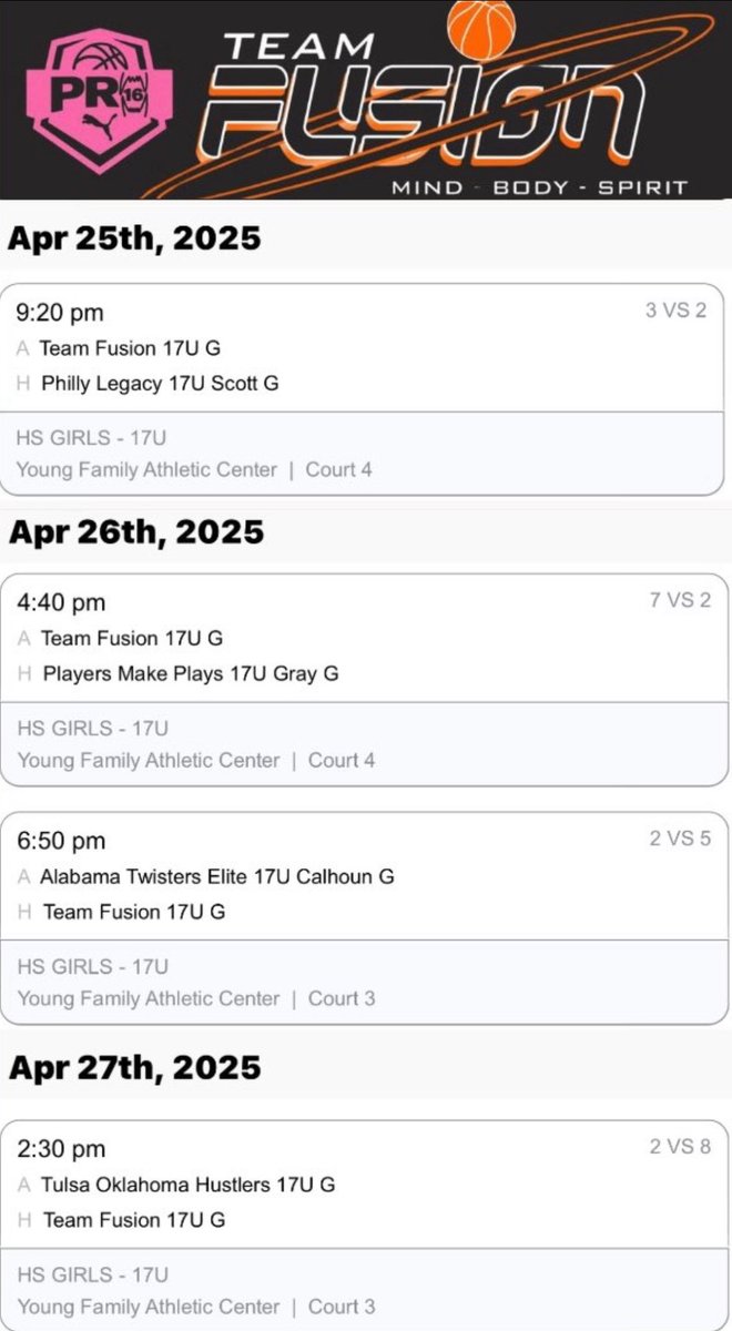 This is my schedule for PUMA first live event this weekend in Oklahoma! <a href="/PRO16G/">PRO16/NXTPRO Girls League</a> <a href="/Fusionbball/">Team Fusion</a> #F4L 
Last aau season ‼️#LeaveItAllOnTheCourt