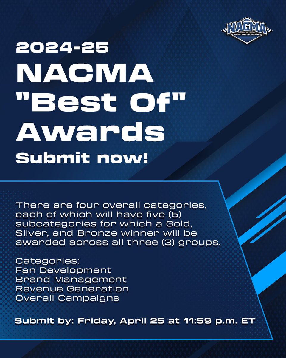Submit to the 2024-25 NACMA “Best Of” Awards by Friday, April 25 at 11:59 p.m. ET and give your campaign the spotlight it deserves.

Let’s celebrate what you built.

#NACMA | 🔗 nacda.com/news/2025/2/20…