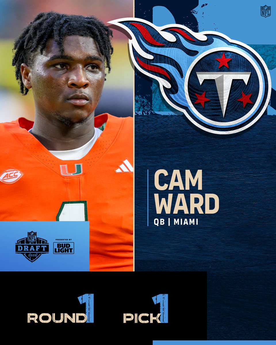NFL (@nfl) on Twitter photo With the No. 1 overall pick in the 2025 <a href="/NFLDraft/">NFL Draft</a>, the <a href="/Titans/">Tennessee Titans</a> select Cam Ward. <a href="/NewEraCap/">New Era Cap</a>
📺: #NFLDraft on NFLN/ESPN/ABC
📱: Stream on <a href="/NFLPlus/">NFL+</a> With the No. 1 overall pick in the 2025 <a href="/NFLDraft/">NFL Draft</a>, the <a href="/Titans/">Tennessee Titans</a> select Cam Ward. <a href="/NewEraCap/">New Era Cap</a>
📺: #NFLDraft on NFLN/ESPN/ABC
📱: Stream on <a href="/NFLPlus/">NFL+</a>