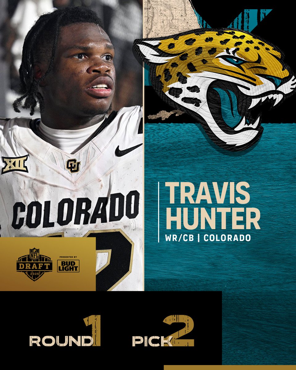 NFL (@nfl) on Twitter photo With the No. 2 overall pick in the 2025 <a href="/NFLDraft/">NFL Draft</a>, the <a href="/Jaguars/">Jacksonville Jaguars</a> select Travis Hunter. <a href="/NewEraCap/">New Era Cap</a>
📺: #NFLDraft on NFLN/ESPN/ABC
📱: Stream on <a href="/NFLPlus/">NFL+</a> With the No. 2 overall pick in the 2025 <a href="/NFLDraft/">NFL Draft</a>, the <a href="/Jaguars/">Jacksonville Jaguars</a> select Travis Hunter. <a href="/NewEraCap/">New Era Cap</a>
📺: #NFLDraft on NFLN/ESPN/ABC
📱: Stream on <a href="/NFLPlus/">NFL+</a>