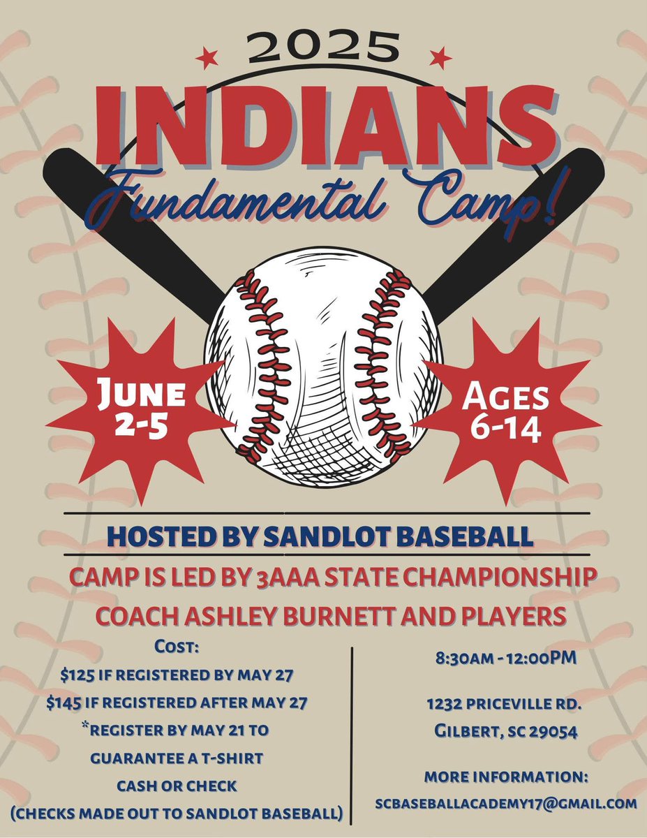SCBaseballAcad's tweet image. It's that time of year again! We are gearing up for our 2025 Indians Camp!

Use the link below to register: forms.gle/geux3gzZPLYGq1…