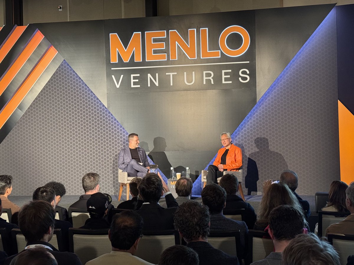 The Jensen Huang ⁦<a href="/nvidia/">NVIDIA</a>⁩  rocking his ⁦<a href="/MenloVentures/">Menlo Ventures</a>⁩ orange leather jacket at our annual CEO/LP Summit. We’re all in on AI!