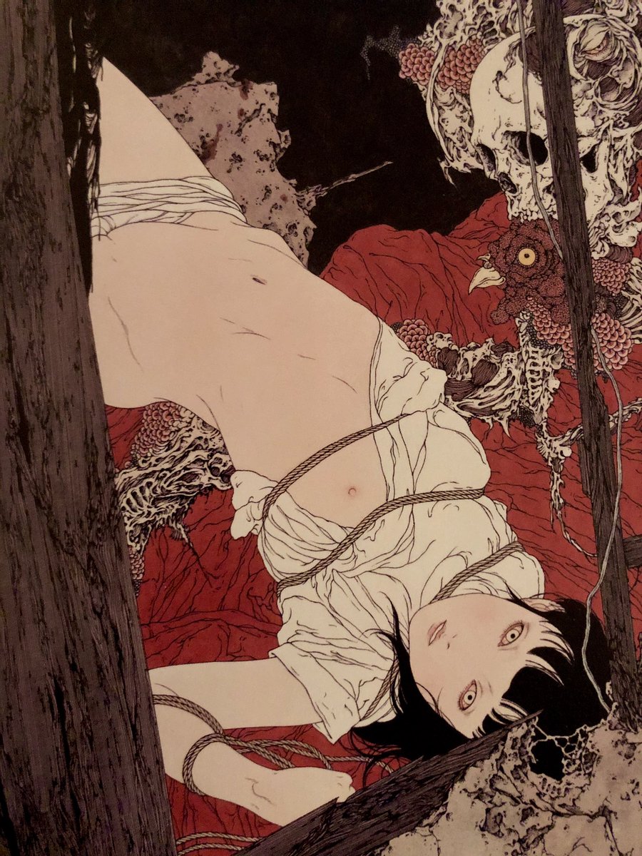 毒針の向かう先は狂気が渦を巻く森の彼方の地。
夜ごと死霊が誘惑する真紅の褥で爛れた果実が芳香を放つ。
この上なく清らかな遊戯に身を溶かす。

「魔触  Touch of Magic Ⅰ」2006年  Acrylic on paper

#吸血鬼の匣 #vampiresbox #髑髏の匣 #skullsbox