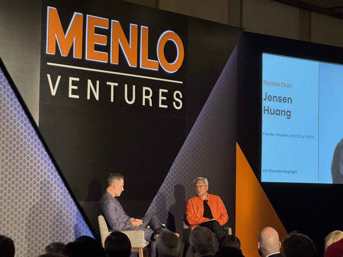 Greg Yap (@grgyap) on Twitter photo Jensen Huang (in Menlo orange) speaking <a href="/MenloVentures/">Menlo Ventures</a> CEO Summit on leadership and future of AI. Jensen Huang (in Menlo orange) speaking <a href="/MenloVentures/">Menlo Ventures</a> CEO Summit on leadership and future of AI.