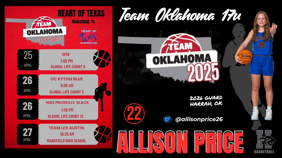 Harrah Lady Panthers Basketball (@harrahwbb) on Twitter photo Lady Panther Allison Price <a href="/AllisonPrice26/">Allison Price</a> is headed to Texas this weekend to showcase her game in front of college coaches. Safe Travels and Good Luck <a href="/PGHOklahoma/">Prep Girls Hoops Oklahoma</a> <a href="/PrepGirlsHoops/">Prep Girls Hoops 🏀</a> <a href="/coachjvick1/">Coachjvick (new)</a> <a href="/abovelinehoops/">Abovethelinehoops</a> <a href="/TeamOKGirlsBB/">Team Oklahoma Girls Basketball</a> <a href="/Okbetweenlines/">OKHSGBBBetweentheLines</a> Lady Panther Allison Price <a href="/AllisonPrice26/">Allison Price</a> is headed to Texas this weekend to showcase her game in front of college coaches. Safe Travels and Good Luck <a href="/PGHOklahoma/">Prep Girls Hoops Oklahoma</a> <a href="/PrepGirlsHoops/">Prep Girls Hoops 🏀</a> <a href="/coachjvick1/">Coachjvick (new)</a> <a href="/abovelinehoops/">Abovethelinehoops</a> <a href="/TeamOKGirlsBB/">Team Oklahoma Girls Basketball</a> <a href="/Okbetweenlines/">OKHSGBBBetweentheLines</a>