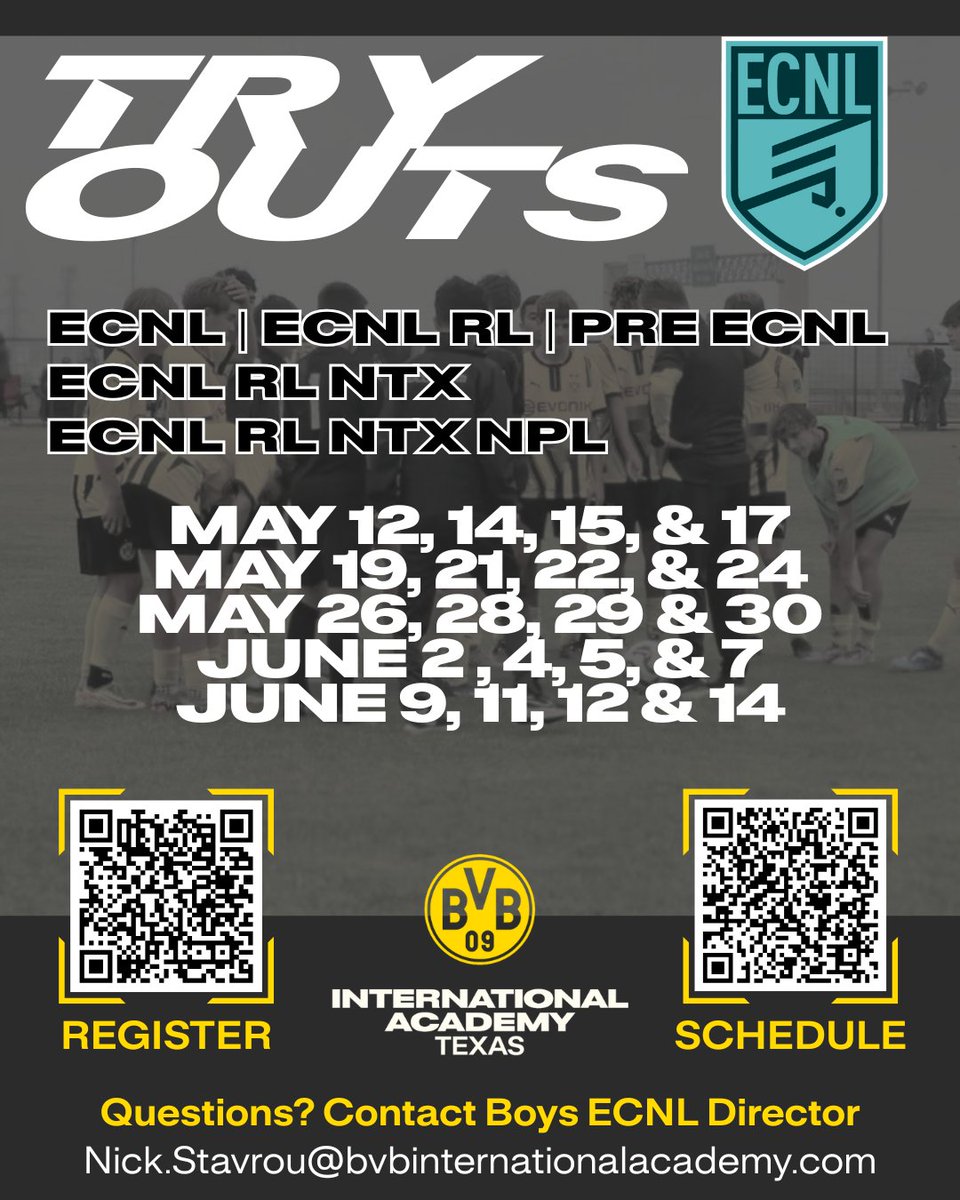 BVB International Academy North Texas (@bvbiantx) on Twitter photo BOYS TRYOUTS! Register today!
Questions? Contact ECNL Director Nick.Stavrou@bvbinternationalacademy.com
Register for tryouts:
…nternationalacademy-ntx.sportngin.com/register/form/…
Detailed Tryout Schedule:
docs.google.com/spreadsheets/d… BOYS TRYOUTS! Register today!
Questions? Contact ECNL Director Nick.Stavrou@bvbinternationalacademy.com
Register for tryouts:
…nternationalacademy-ntx.sportngin.com/register/form/…
Detailed Tryout Schedule:
docs.google.com/spreadsheets/d…