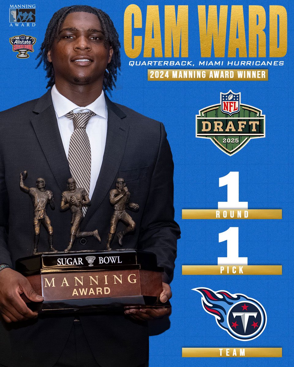 Manning Award (@manningaward) on Twitter photo 1๏ธโฃ of 1๏ธโฃ
Congratulations to 2024 Manning Award pres. by <a href="/SugarBowlNola/">Allstate Sugar Bowl</a> winner <a href="/Cameron7Ward/">Cameron Ward</a> on being selected first overall by the <a href="/Titans/">Tennessee Titans</a>!
#NFLDraft2025 1๏ธโฃ of 1๏ธโฃ
Congratulations to 2024 Manning Award pres. by <a href="/SugarBowlNola/">Allstate Sugar Bowl</a> winner <a href="/Cameron7Ward/">Cameron Ward</a> on being selected first overall by the <a href="/Titans/">Tennessee Titans</a>!
#NFLDraft2025