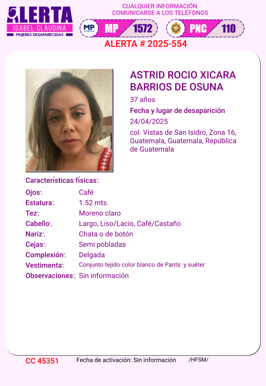 isabel_claudina's tweet photo. #AlertaIsabelClaudina
📷 Ayúdenos a encontrar a
ASTRID ROCIO XICARA BARRIOS DE OSUNA
Desapareció  el 24 de Abril de 2025
Cualquier información comunicarse al teléfono 📷 1572
Gracias por difundir esta información📷 https://t.co/GQLZVeeiF3
