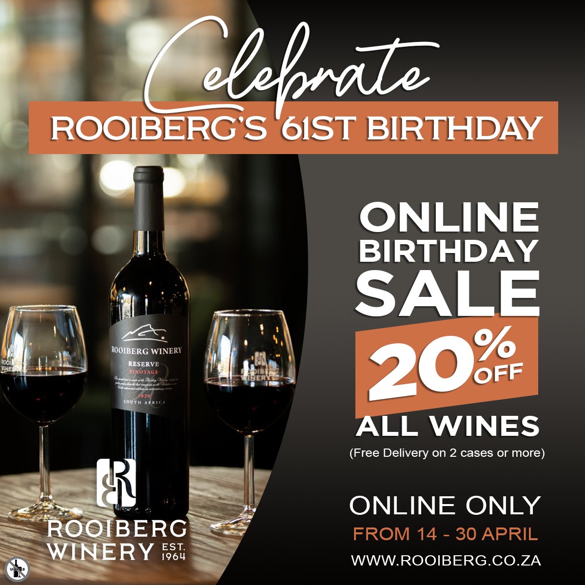 🎉 Cheers to 61 Years of Rooiberg! 🍷
Join our ONLINE BIRTHDAY SALE: 20% OFF all wines from 14-30 April! 🎂🥂 
📦 Free delivery on 2 cases or more! 🛒 Shop now: rooiberg.co.za 

#RooibergWinery #61YearsOfExcellence #WineLovers #OnlineWineSale #CelebrateWithUs #Birthday