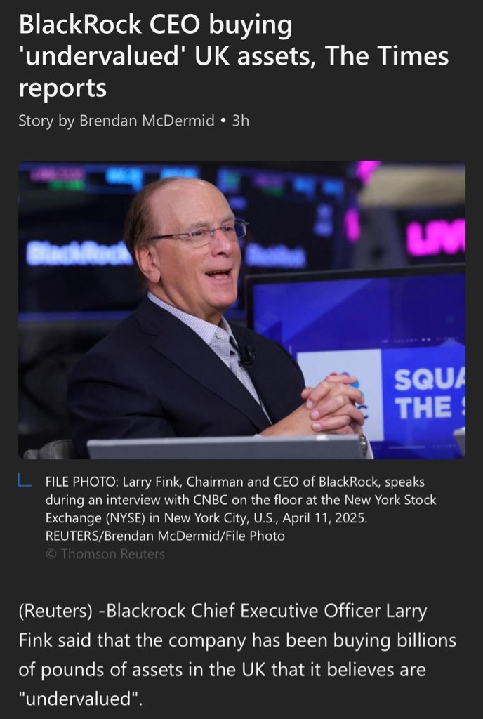 It’s now almost certain this was the real reason behind Keir Starmer’s meeting with Larry Fink of BlackRock.

I was stonewalled for four months after filing FOI requests asking what was discussed — and which parts of UK infrastructure BlackRock is buying.

Now Fink runs to the