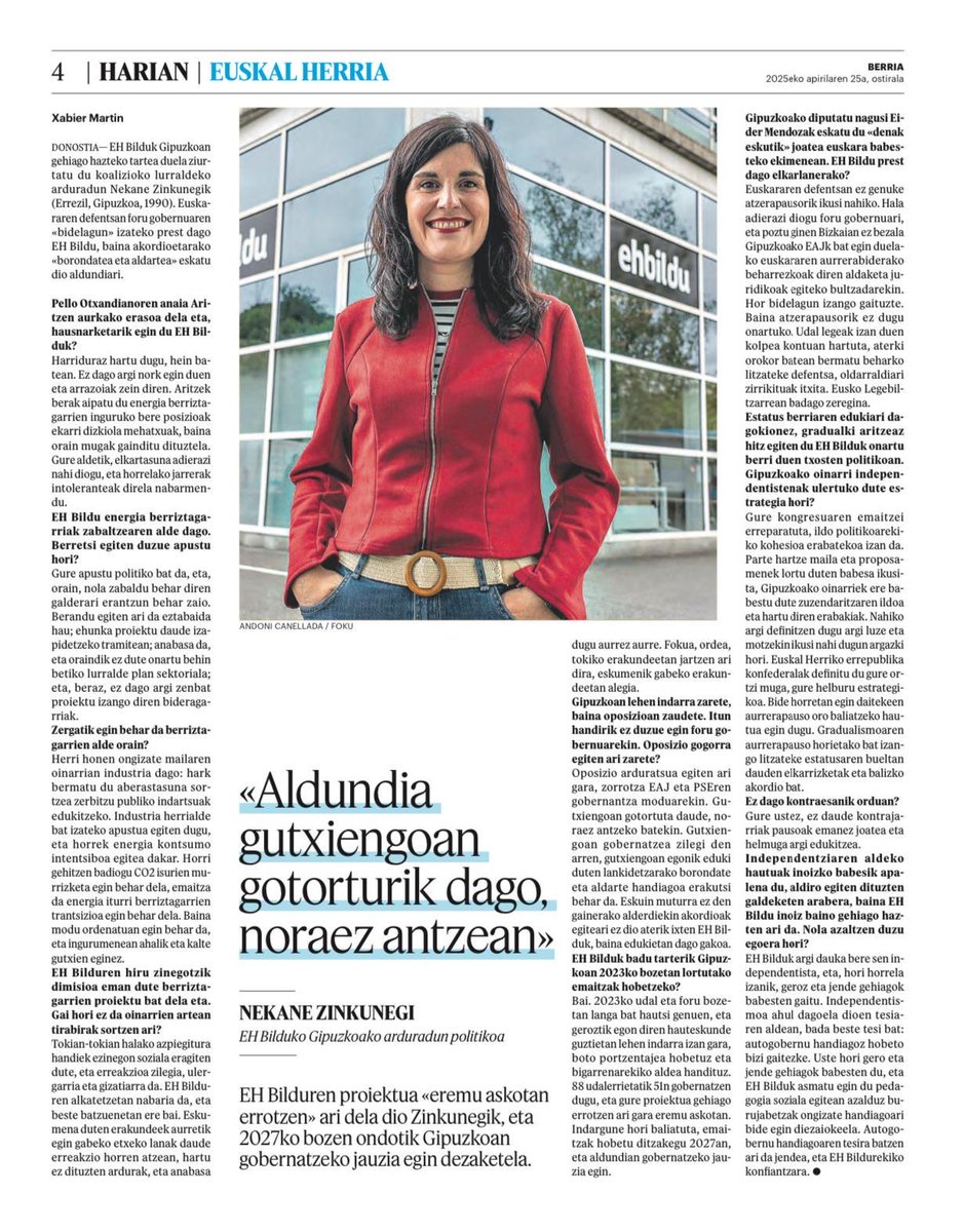 Gipuzkoan, 88 udaletatik 51 gobernatuta, erro sendoak eta aukera handiak ditu <a href="/ehbildu/">EH Bildu</a>|k.

Gutxiengoan gotortutako egungo gobernuaren noraeza gainditu, eta 2027an aldundian gobernatzeko dugun erronkaz aritu naiz, besteak beste, <a href="/berria/">Berria.eus</a>|ko elkarrizketan.

berria.eus/euskal-herria/…