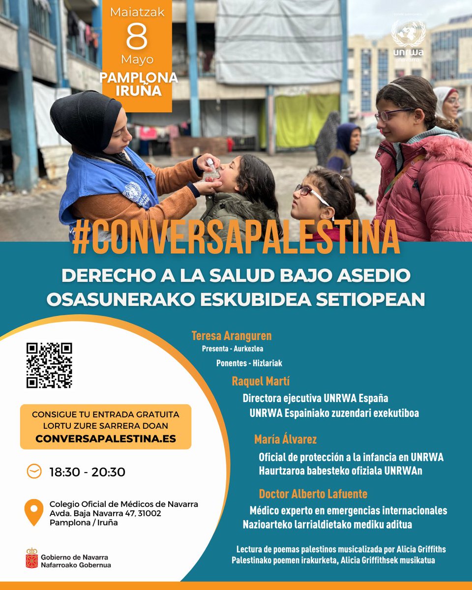 📣 #ConversaPalestina | Pamplona 
🗓 8 de mayo – 18:30h 
📍 Colegio de Médicos Navarra 
Hablamos sobre el derecho a la salud en Palestina con voces expertas. 
🎟 Entrada gratis, reserva aquí: tickettailor.com/events/unrwaed…