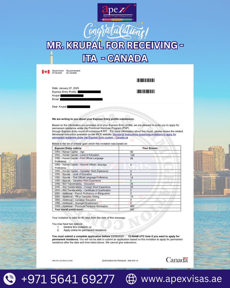 ApexMiddle's tweet image. Exciting Times Ahead, Mr. Kripal! 🎉
You’ve been invited to apply for #Canada PR with your ITA approval! 🍁

We’re thrilled to be part of your #immigration journey.
+971 5641 69277 | apexvisas.ae

#ImmigrationWin #CanadaBound #ApexConsultants #ITASuccess