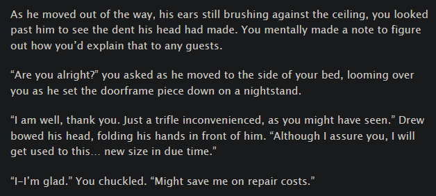 JonnoThyVase's tweet photo. hey y'all!! been a bit busy with the end of the semester, but here's a Meta Drew drabble i never posted. Enjoy him being too large to fit through a door

#dislyte #dislytefanart #DislyteMetaDrew https://t.co/UEh7NIWX9q