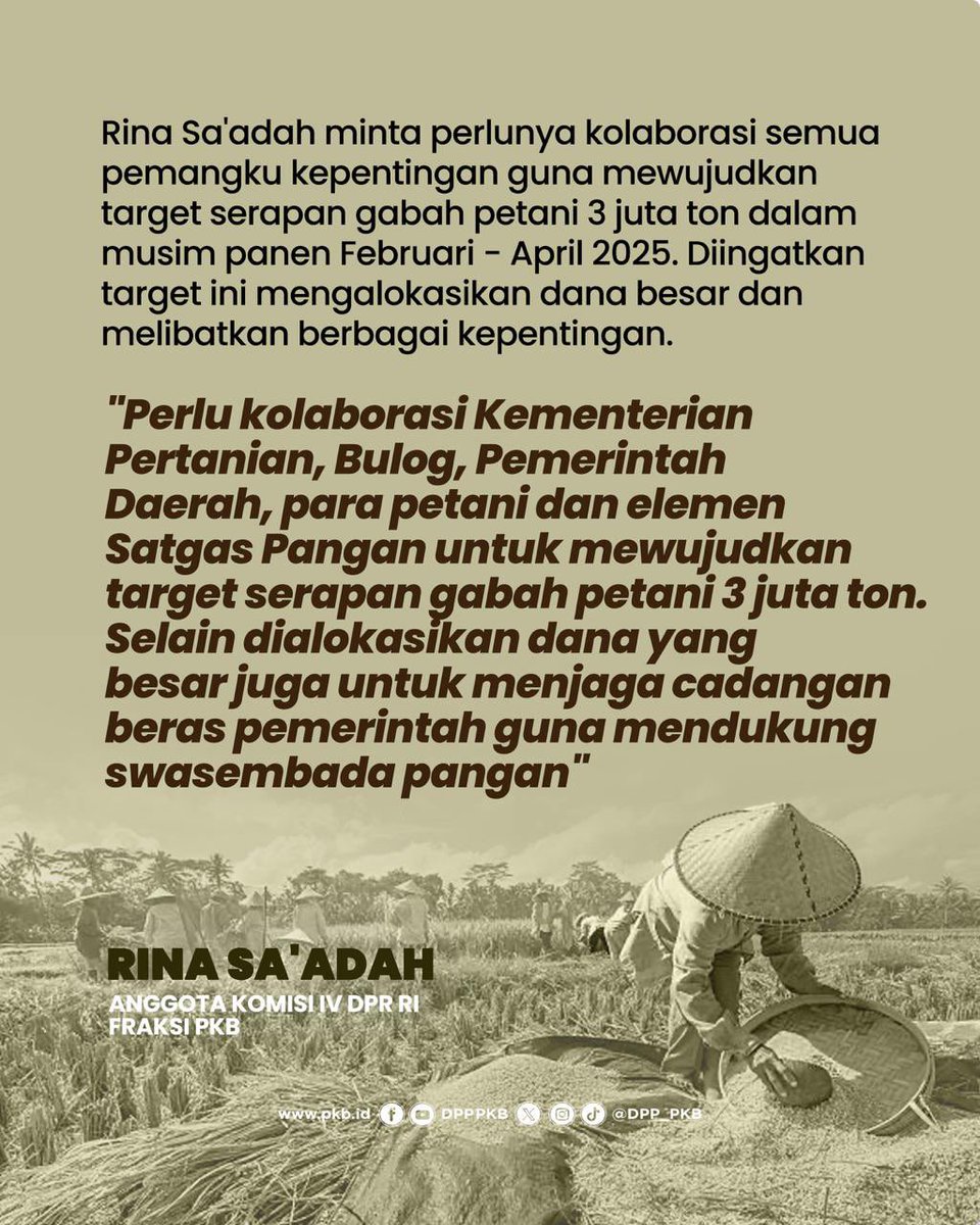 Serapan gabah harus dimaksimalkan!
Rina Sa’adah dorong kolaborasi nasional capai target 3 juta ton demi jaga cadangan beras &amp; swasembada.

#PanganNasional 
#SerapanGabah