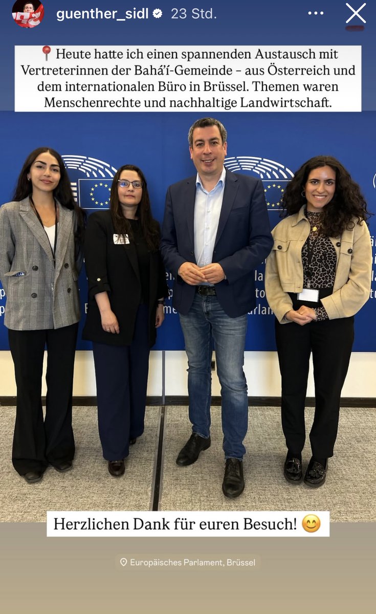Innigen Dank an EU-Abgeordneten #GüntherSidl für den wertvollen Austausch im Europäischen Parlament gemeinsam mit Vertreterinnen des <a href="/BahaiBIC_Europe/">Baha’i International Community Brussels Office</a> über die Menschenrechtslage der #Bahai sowie über faire und nachhaltige Landwirtschaft! Ihr Engagement ist von großem Wert! #ForB