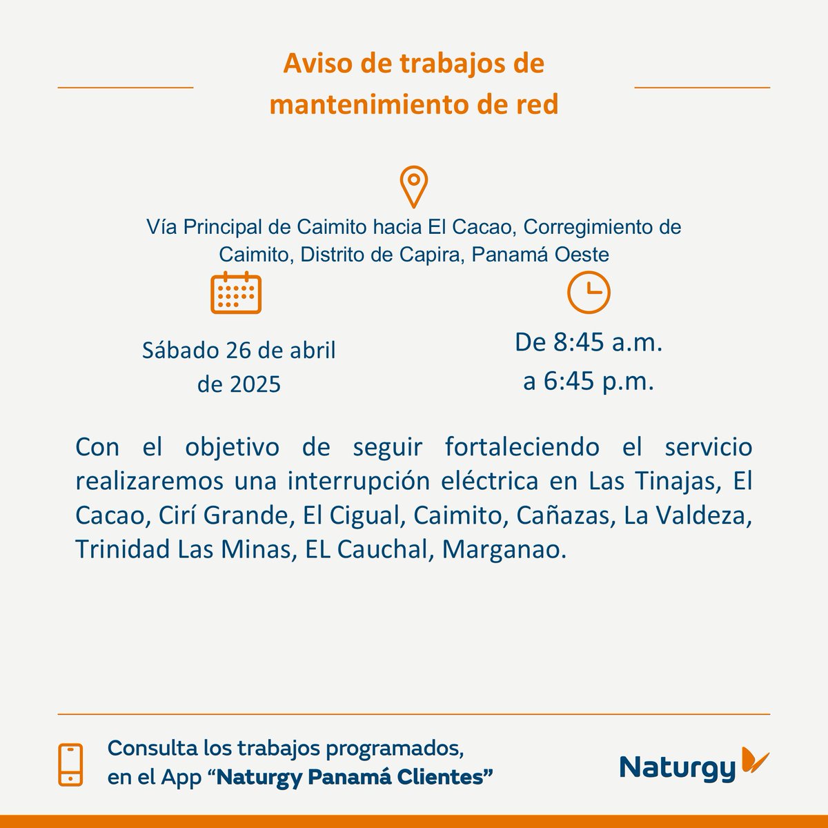 #PanamáOeste Trabajos de mantenimiento en la red el sábado 26 de abril en Vía Principal de Caimito hacia El Cacao, Corregimiento de Caimito, Distrito de Capira, Panamá Oeste.

<a href="/PanamaOeste/">Panamá Oeste Oficial</a> <a href="/PanamaOesteC13/">DécimaProvinciaC13</a> <a href="/PanamaOesteNews/">Panamá Oeste News</a> <a href="/tvnnoticias/">TVN Noticias</a> <a href="/tvnpanama/">TVN Panamá</a> <a href="/criticaenlinea/">Diario Critica.Pa</a> <a href="/MiDiarioPanama/">Mi Diario Panamá</a>