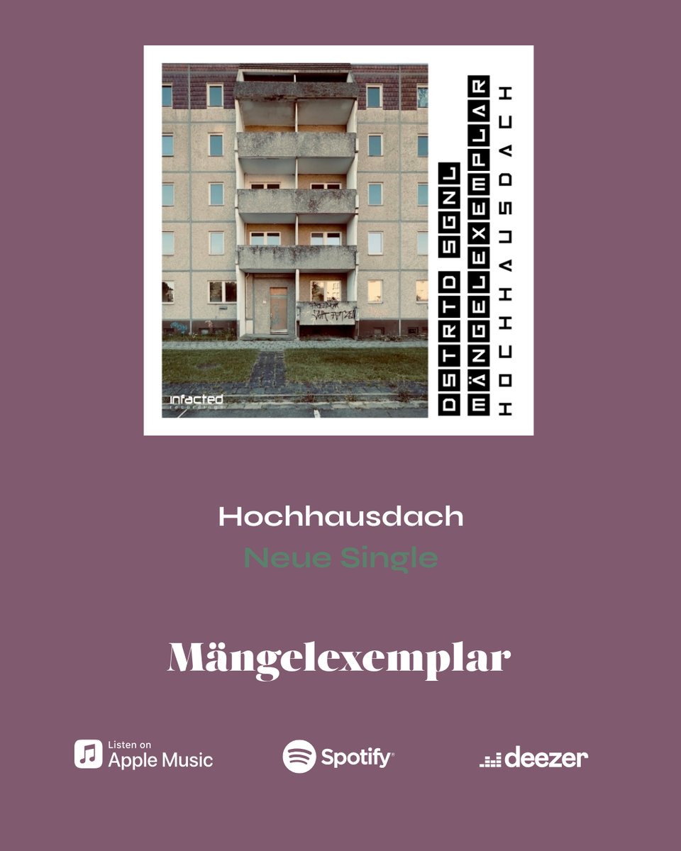 Nach dem Erfolg ihrer ersten gemeinsamen Single „Mängelexemplar“ haben sich DSTRTD SGNL erneut mit den Düsseldorfer Minimalelektronikern von MÄNGELEXEMPLAR zusammengetan. 

Spotify: open.spotify.com/intl-de/track/… 

Bandcamp: infactedrecordings.bandcamp.com/album/hochhaus…