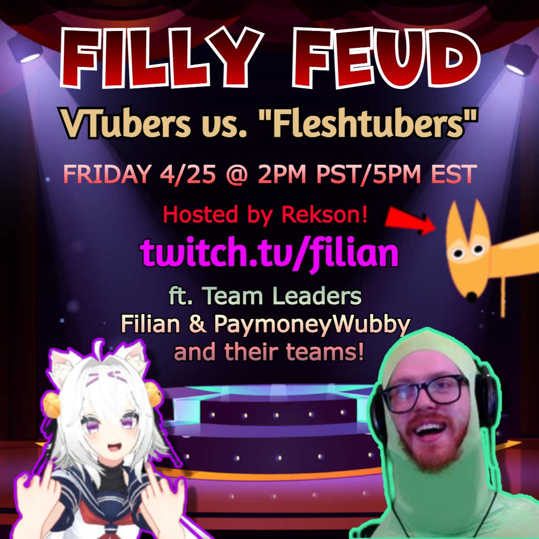Rekson (@reksongames) on Twitter photo Hosting a special "Vtubers vs. Fleshtubers" episode of Filly Feud on Filian's channel TODAY, ft. team captains <a href="/filianIsLost/">filian | Vtuber in Training</a> and <a href="/PaymoneyWubby/">Wubby</a> along with team members <a href="/MurderCrumpet/">Murder Crumpet</a> <a href="/LucyPyre_/">Lucy Pyre😈🍟</a> <a href="/alluux_/">✨Alluux</a> & <a href="/SqueeX15/">Squeex</a>! C0me watch and d0n't ask me h0w much time I had t0 prepare! Hosting a special "Vtubers vs. Fleshtubers" episode of Filly Feud on Filian's channel TODAY, ft. team captains <a href="/filianIsLost/">filian | Vtuber in Training</a> and <a href="/PaymoneyWubby/">Wubby</a> along with team members <a href="/MurderCrumpet/">Murder Crumpet</a> <a href="/LucyPyre_/">Lucy Pyre😈🍟</a> <a href="/alluux_/">✨Alluux</a> & <a href="/SqueeX15/">Squeex</a>! C0me watch and d0n't ask me h0w much time I had t0 prepare!