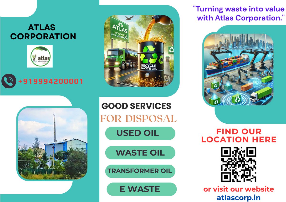 🌍 Go Green with Atlas Corporation! ♻️
We offer safe, sustainable oil waste solutions:
✅ Used Oil Collection &amp; Re-refining
✅ Transformer Oil Disposal
✅ PCB/TNPCB/CPCB Compliance
✅ Cost-Effective Waste Recovery
Partner with us for a cleaner, greener future! 
📞 +91 6385144002