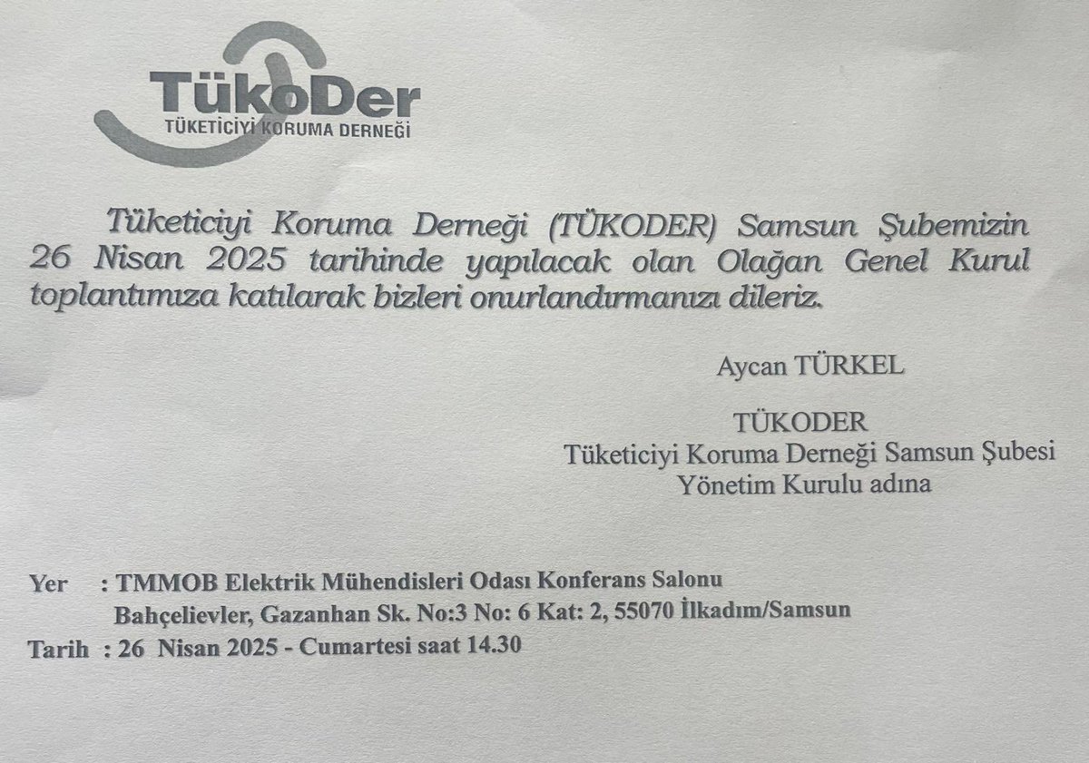 tukoder_samsun's tweet image. Merhaba 
TÜKODER Tüketiciyi Koruma Derneği Samsun Şubemizin Olağan Genel Kurulu cumartesi günü saat 14:30’da  Elektrik Mühendisleri Odası Samsun Şubesi konferans salonunda yapılacaktır. 
Katılmanızdan büyük mutluluk duyacağız.
Saygılarımla