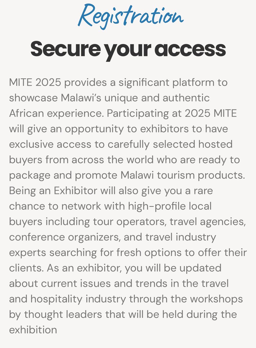 Kondwani Kintu, MPRSM (@kaykintu) on Twitter photo <a href="/joshmwendo/">Joshua Mwendo</a> Why then, is it called “Takulandirani Malawi?”.
Which International Exhibitors are there? Also why is it called “Malawi INTERNATIONAL Tourism Expo?”
Who are these “buyers from across the world”
How many products have been “packaged and promoted” from the previous 5 editions? <a href="/joshmwendo/">Joshua Mwendo</a> Why then, is it called “Takulandirani Malawi?”.
Which International Exhibitors are there? Also why is it called “Malawi INTERNATIONAL Tourism Expo?”
Who are these “buyers from across the world”
How many products have been “packaged and promoted” from the previous 5 editions?