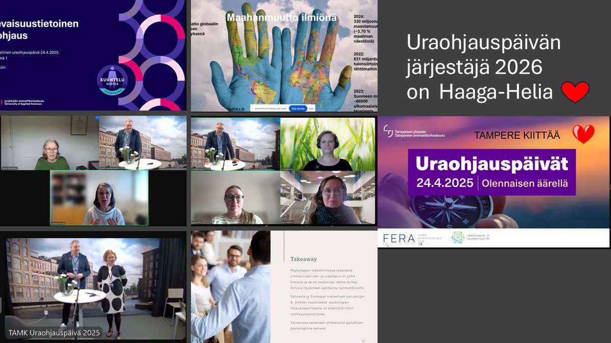 Upea päivä eilen, kun <a href="/uraohjaajat/">Uraohjaajat ja -valmentajat ry</a>  oli mukana järjestämässä jälleen uraohjauksen superpäivää. Lähes 200 osallistujaa ja mielenkiintoinen sisältö. Oltiin siis uraohjauksen olennaisen äärellä. Kiitos kaikille 🙏🌷❤️
Vuoden 2026 pääjärjestäjä on <a href="/HAAGAHELIA_AOKK/">HAAGA-HELIA AOKK</a> #uraohjauspäivä2025