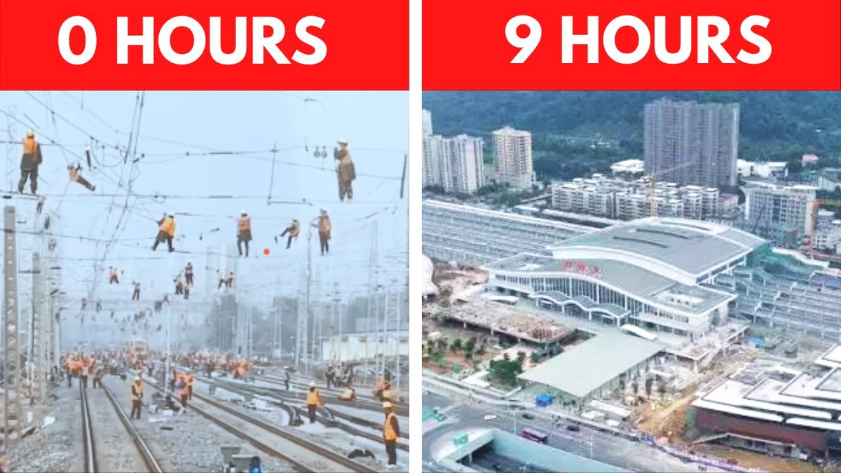 ❗ HAPPENING IN CHINA:
China just built an entire train station from the ground up in just 9 hours.

Over 1,500 workers moved in perfect sync, under floodlights and against the clock.

it was precision, power, and pure determination.
